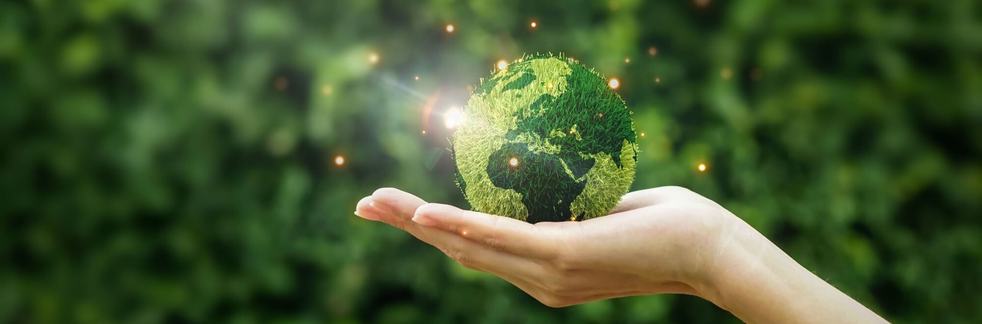 a composite image where a pale hand holds planet earth made out of grass