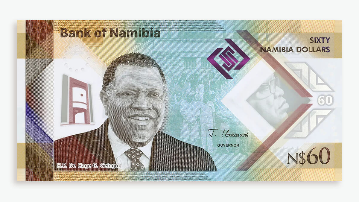 the latest sixty dollar banknote front design for the Bank of Namibia, designed by De La Rue