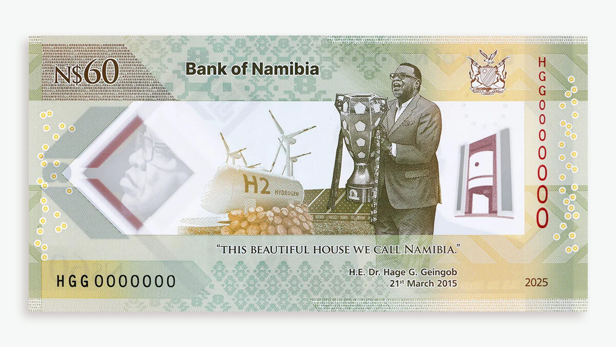 the latest sixty dollar banknote reverse design for the Bank of Namibia, designed by De La Rue