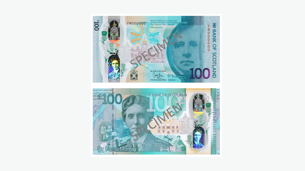 a turquoise Bank of Scotland £100 banknote