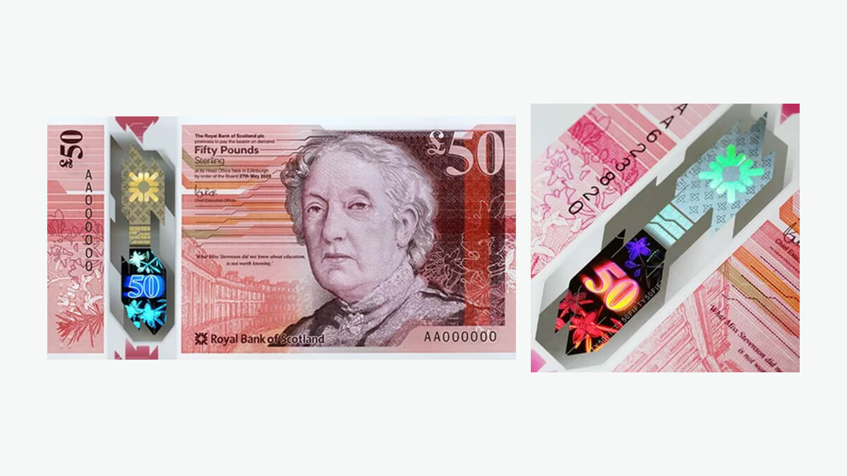a scarlet Bank of Scotland £50 banknote
