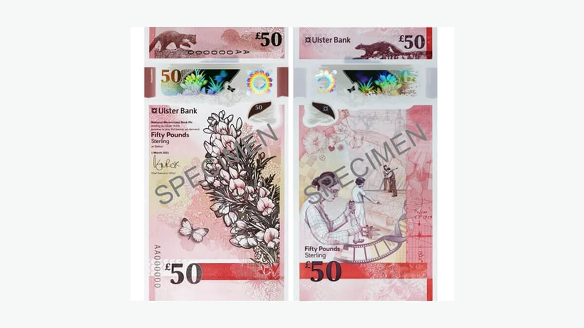 a red £50 Ulster banknote featuring a pine marten
