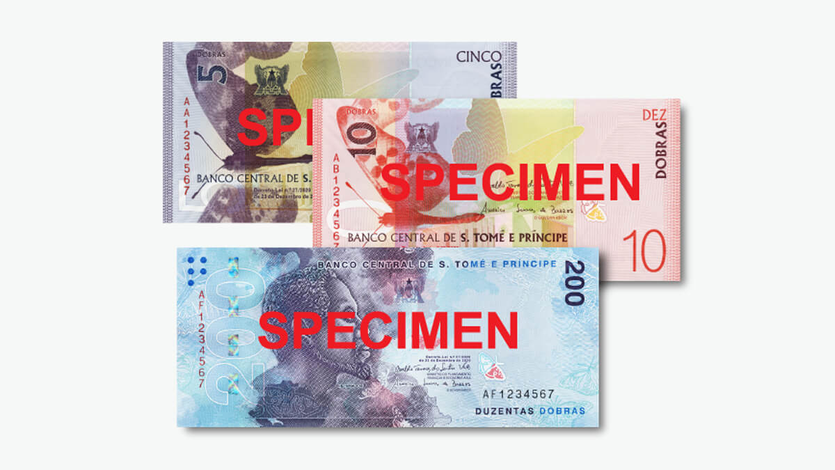 a collection of banknotes from the Central Bank of São Tomé e Príncipe