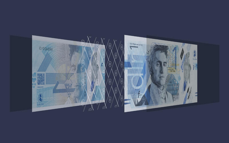 a blue and yellow bespoke De La Rue concept house bank note