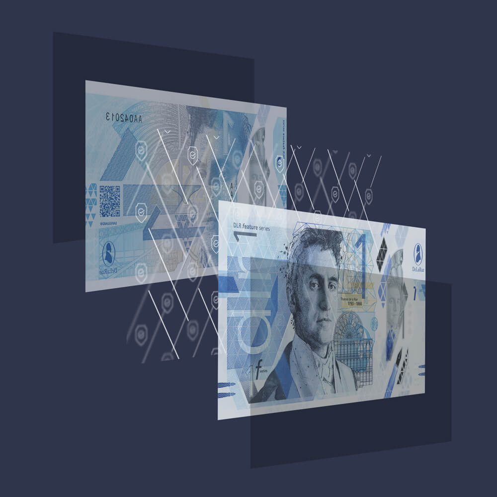a blue and yellow bespoke De La Rue concept house bank note