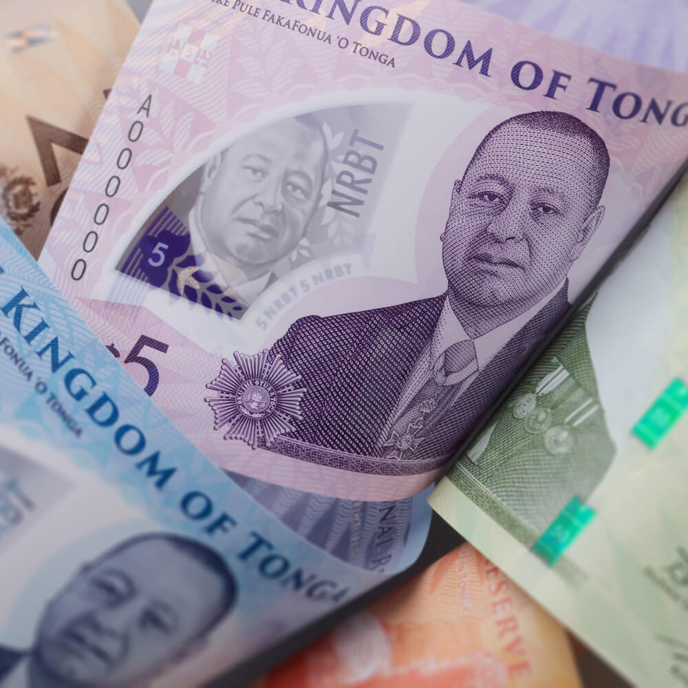 a collection of Tonganese bank notes in several denominations
