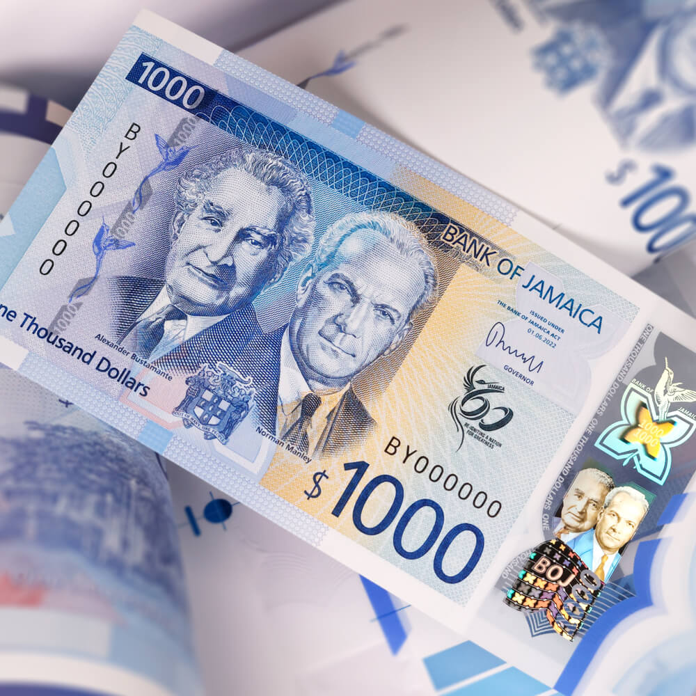a blue and yellow one thousand Jamaican dollar bank note