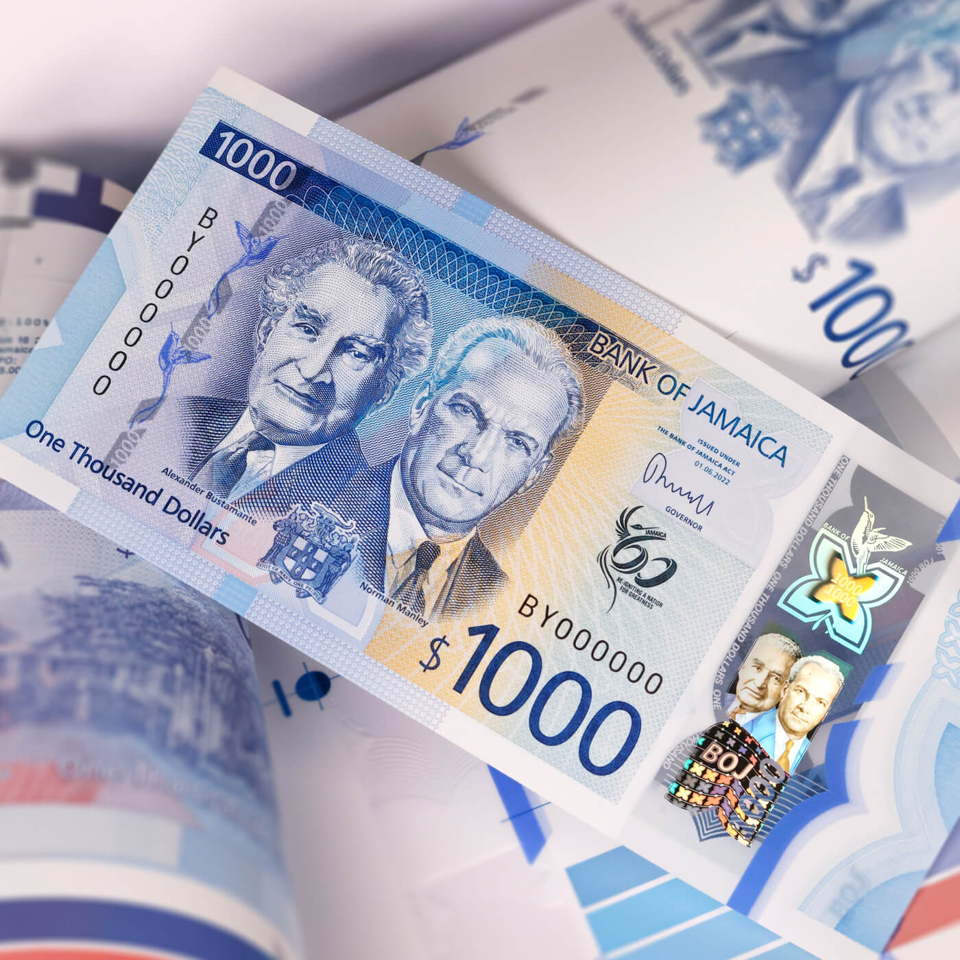 a blue and yellow one thousand Jamaican dollar bank note
